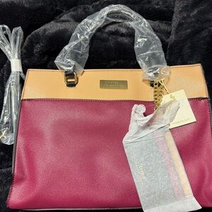 Trina Turk Wine and Tan Satchel Bag with Modern Design